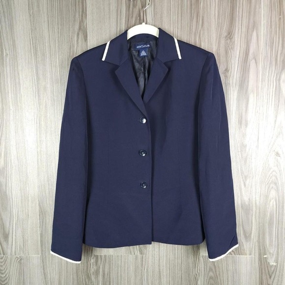 Ann Taylor Jackets & Blazers - Ann Taylor Navy Blue 100% Silk Blazer White Contrast Trim 3-Button Jacket Size 4